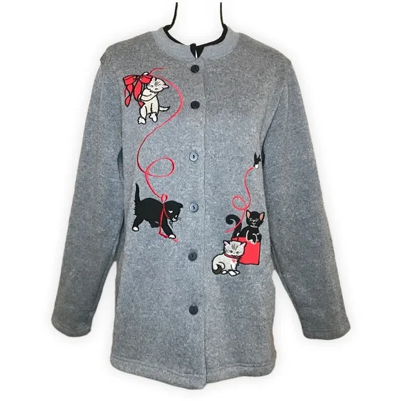 Vintage Holiday Embroidery Kitty Ugly Sweater Christmas Button Festive 90's Y2K - Picture 1 of 16